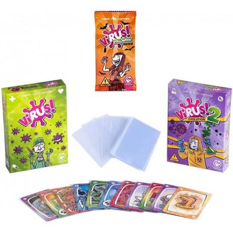 Pack Juego de Cartas Virus 1 + Virus 2 + Virus Halloween + 100 Fundas. Edicion Española. +8 años.