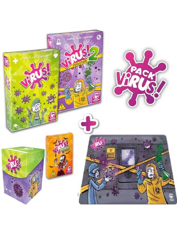 Pack Definitivo Juego de Cartas Virus + Virus 2 + Sobre Virus Halloween +Deck Box y 120 Fundas + Tapete. Edicion Española.