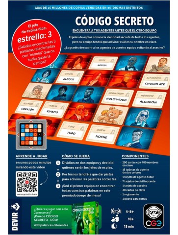 Código Secreto juego de mesa de espías y palabras por equipos